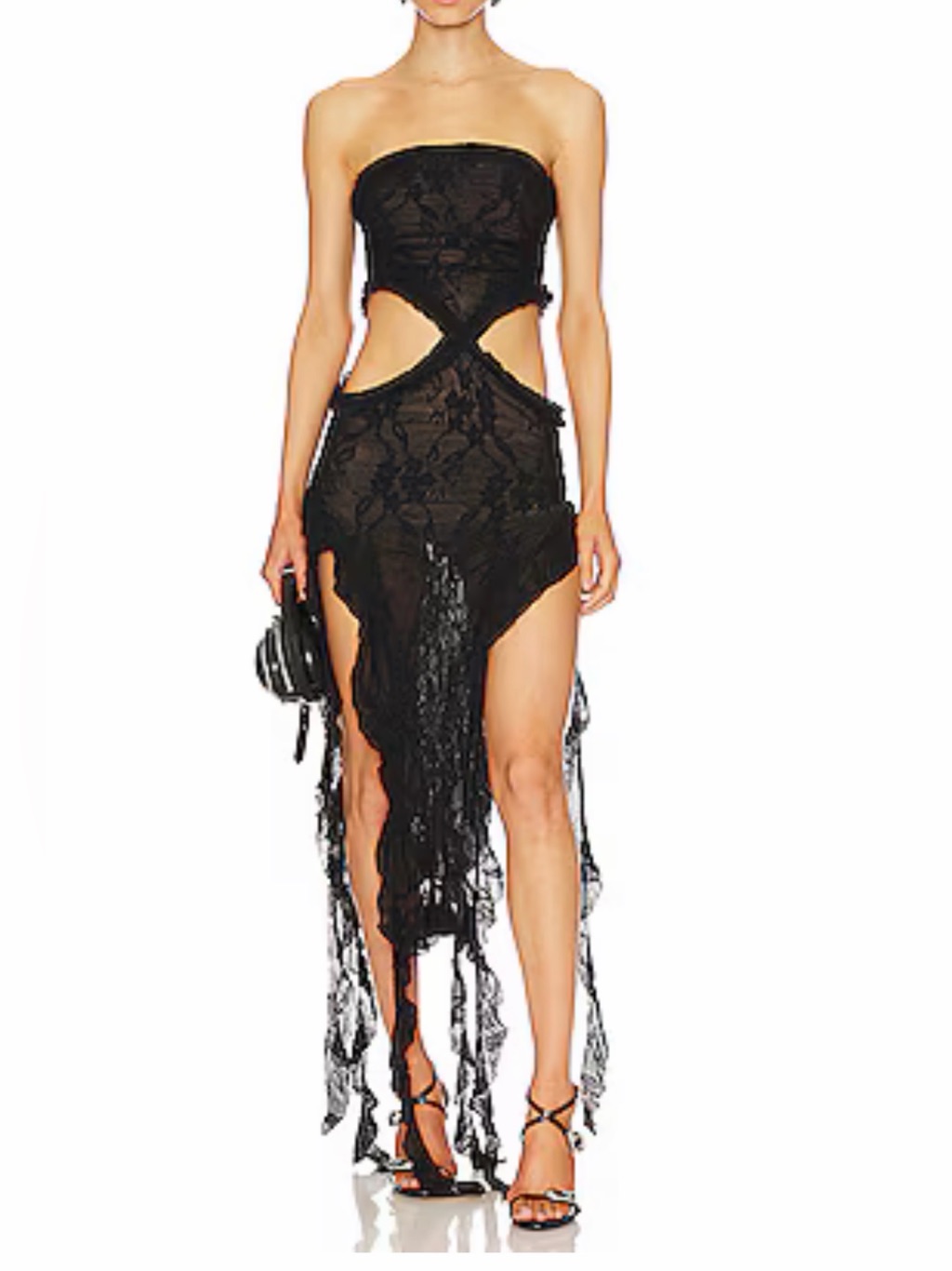 New Jared Lang Black Strapless Lace Asymmetric Cutout Dress